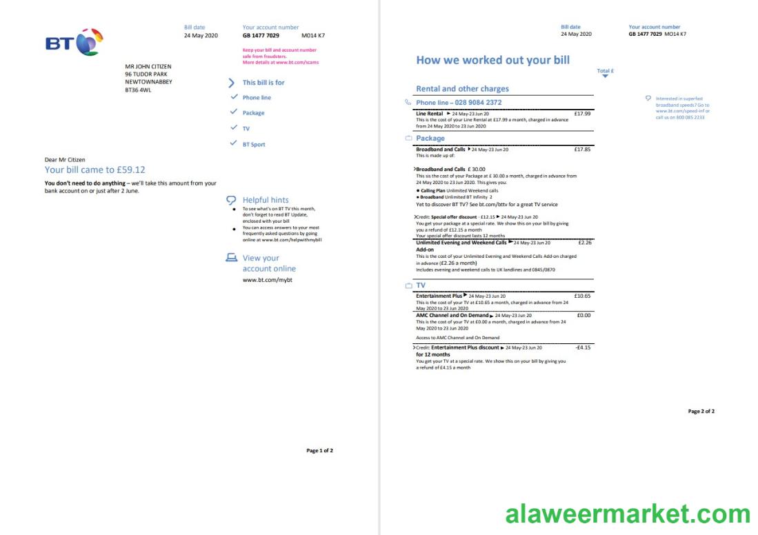 United Kingdom BT utility bill template in Word and PDF format, 2 pages